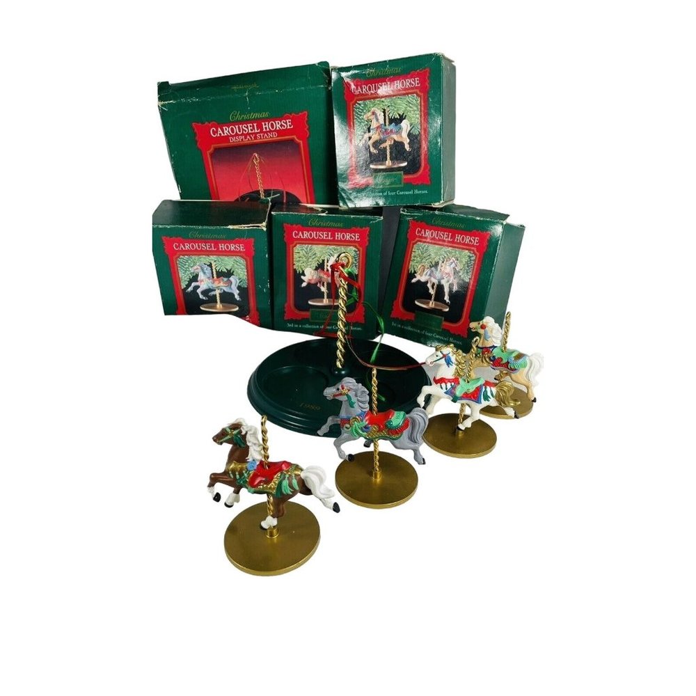 Hallmark Keepsake Ornament Carousel With 4 Horses And Display Stand 1989 Vintage